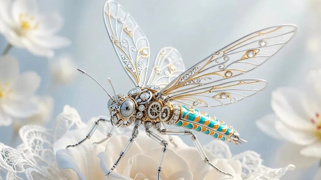 A mechanical dragonfly with filigree wings and a turquoise enameled body rests on a white rose edged with lace.