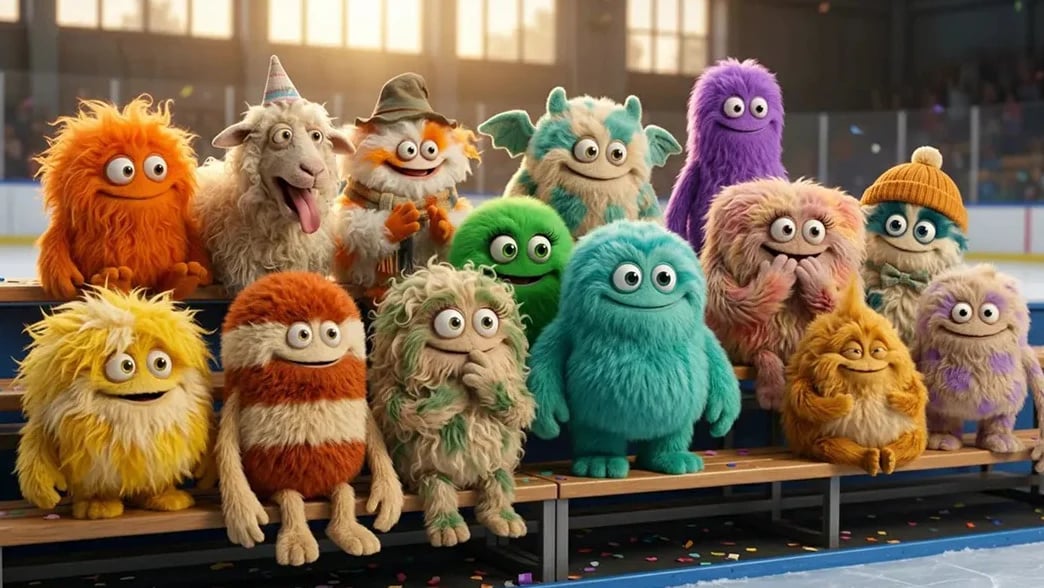 Fourteen fluffy monster characters in orange, green, purple and teal sit together on ice rink bleachers.