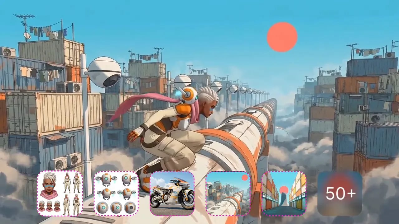 An animated character in orange gear crouches on a pipe between stacked shipping containers, with reference images lined up below.