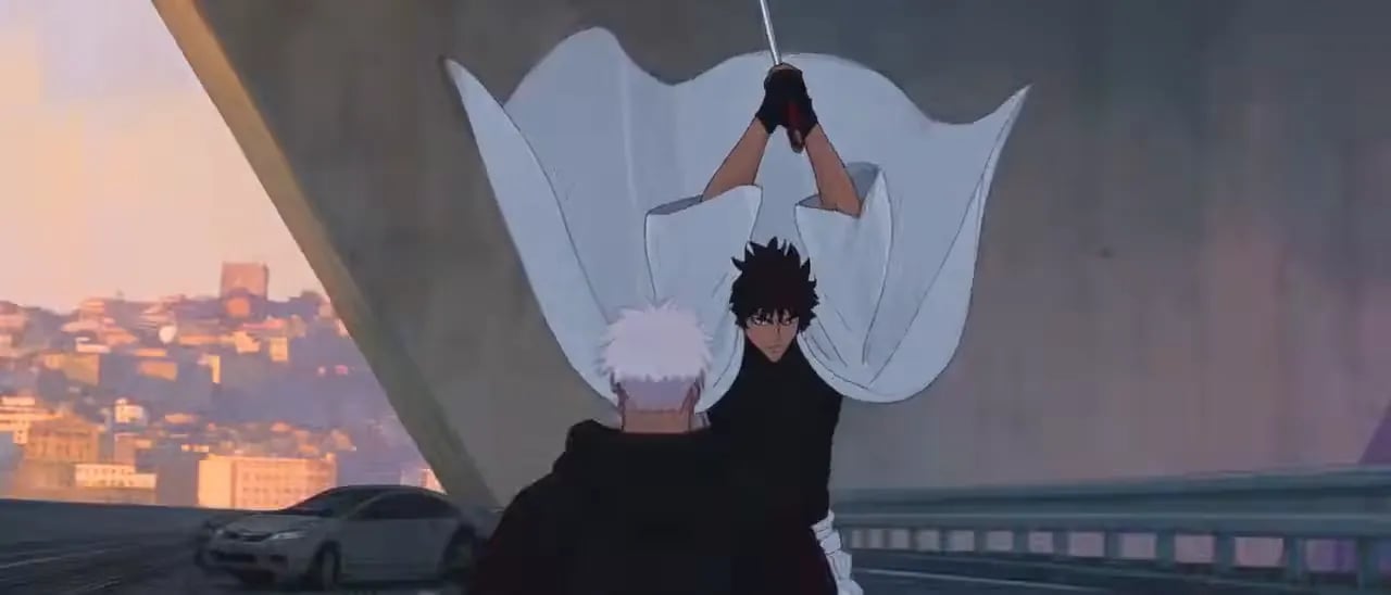 A swordsman in white and a white-haired fighter clash beneath a highway overpass.