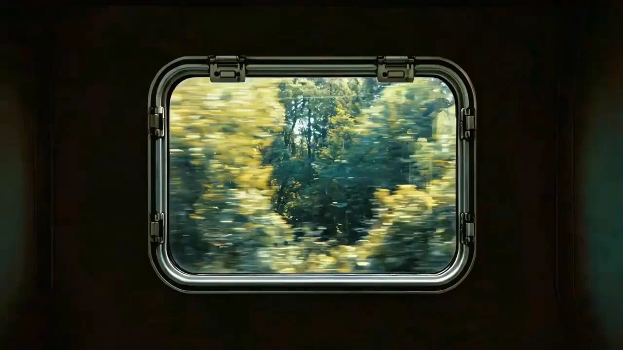 A view from a train window flows into a flower garden and then an underwater world of jellyfish.