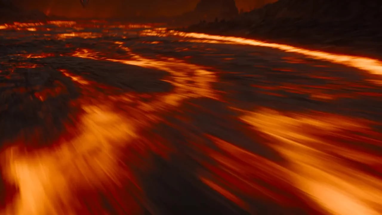 A winged dragon rises from a lava field, breathing fire over the rocks.