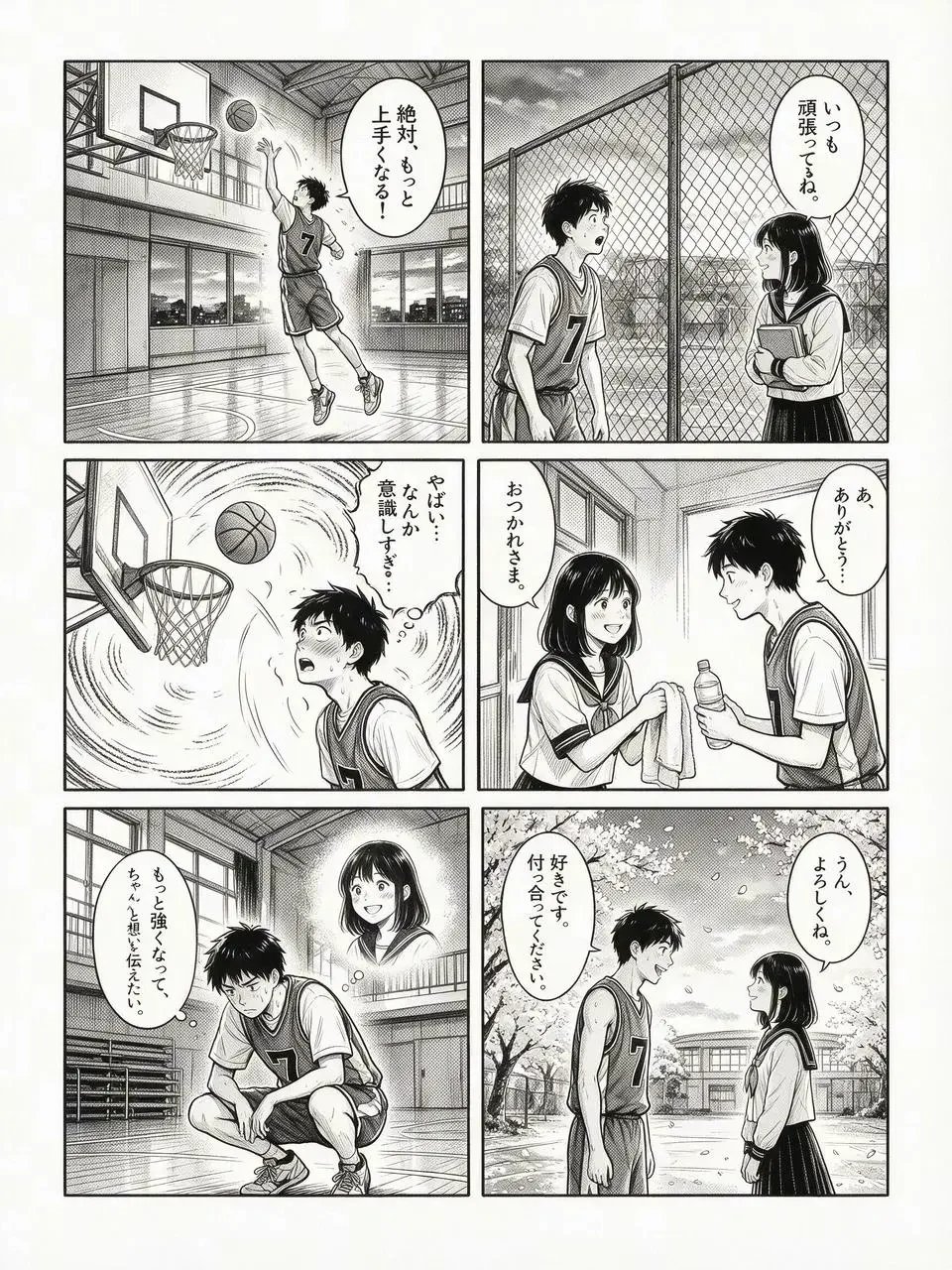 高校のバスケットボール部員と同級生の女子を描いた、日本語の 6 コマのモノクロ漫画。