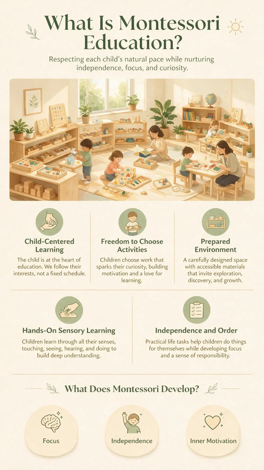 What Is Montessori Education と題した縦長のインフォグラフィック。教室のイラストと五つの考え方が並ぶ。