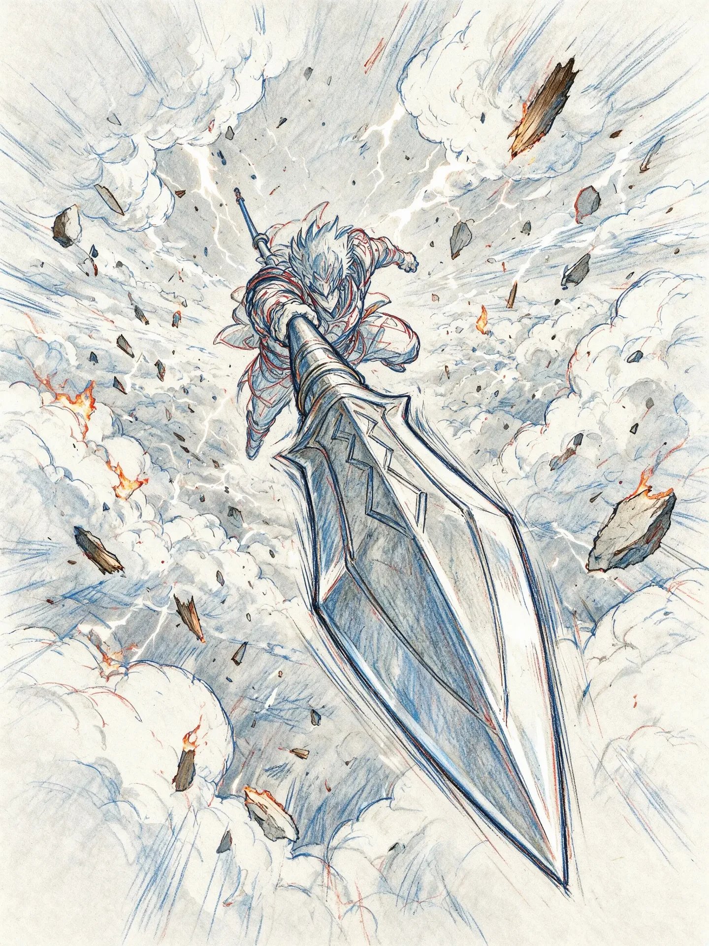 巨大な剣とともに雲と飛び散る岩の中を急降下する戦士を描いた色鉛筆のスケッチ。
