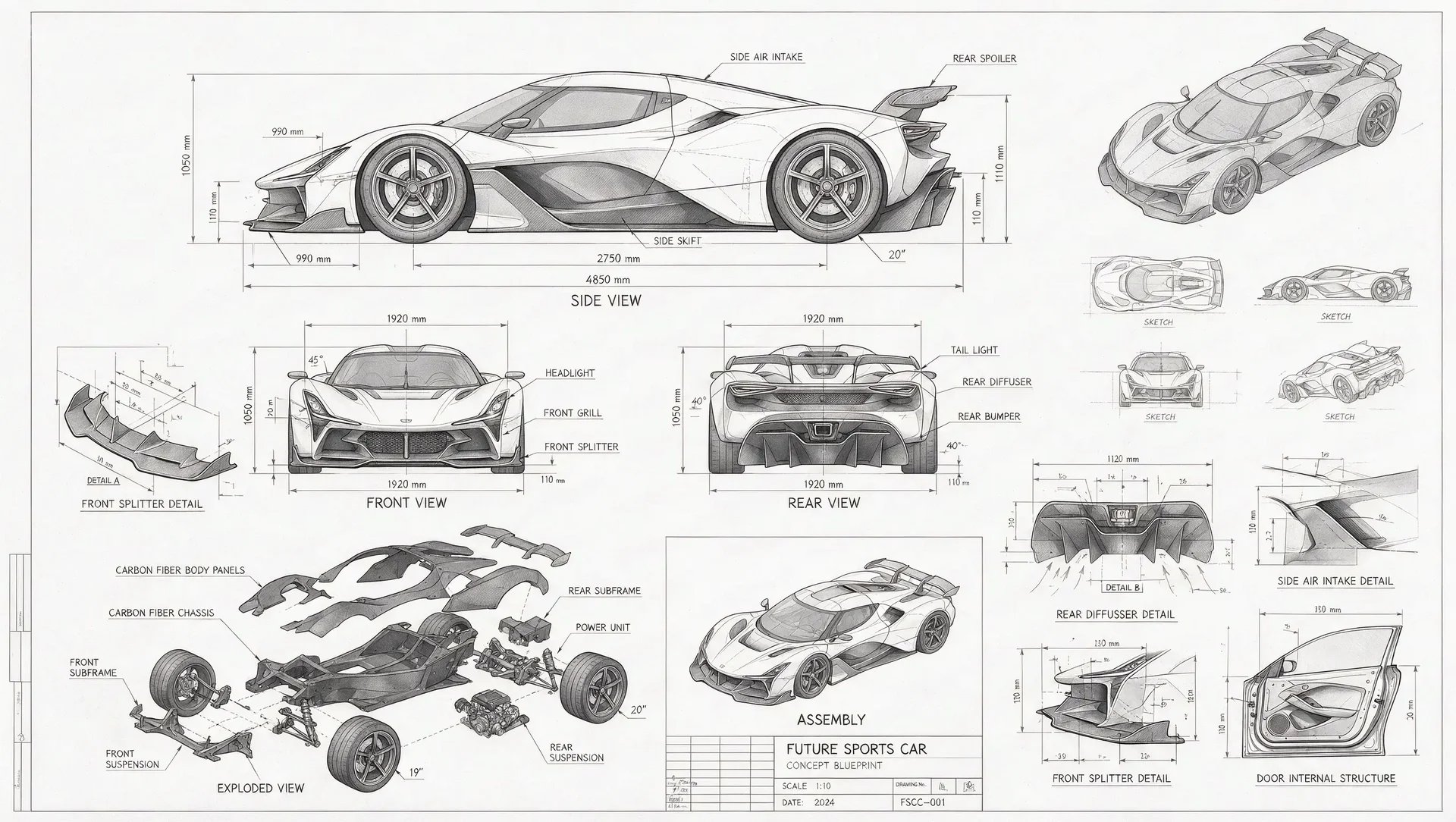 未来的なスポーツカーの鉛筆図面。側面、正面、背面、分解図と寸法線が入っている。
