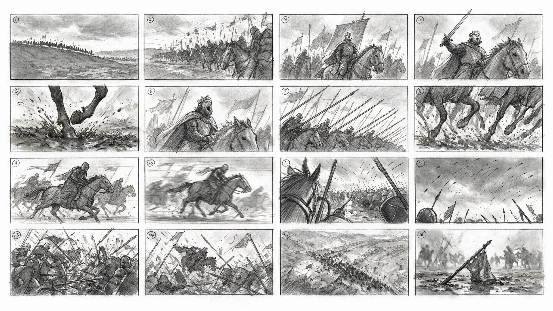 中世の騎兵突撃を描いた 16 コマの鉛筆絵コンテ。冒頭の風景から倒れた旗まで番号が振られている。