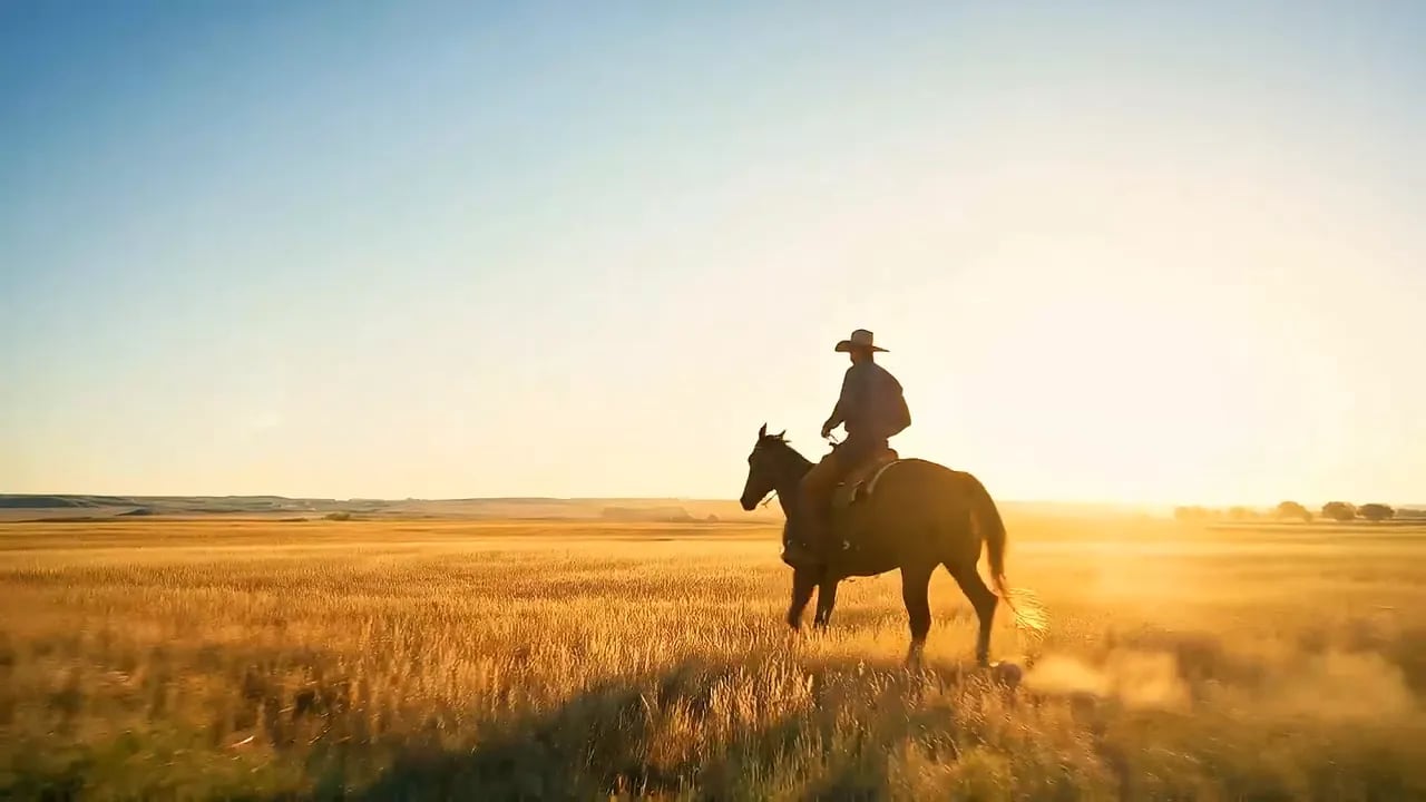 薄暗い木造の納屋からカメラが抜け出すと、夕日の金色の草原を馬に乗ったカウボーイが進んでいく。