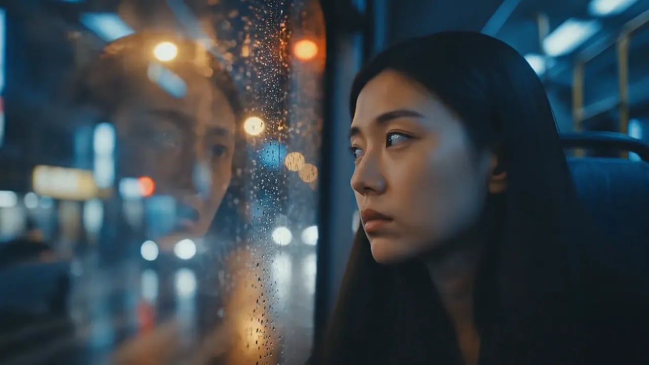 夜、雨粒の付いたバスの窓の外を見る若い女性。背後の街の灯りが映り込みの向こうでぼやけている。