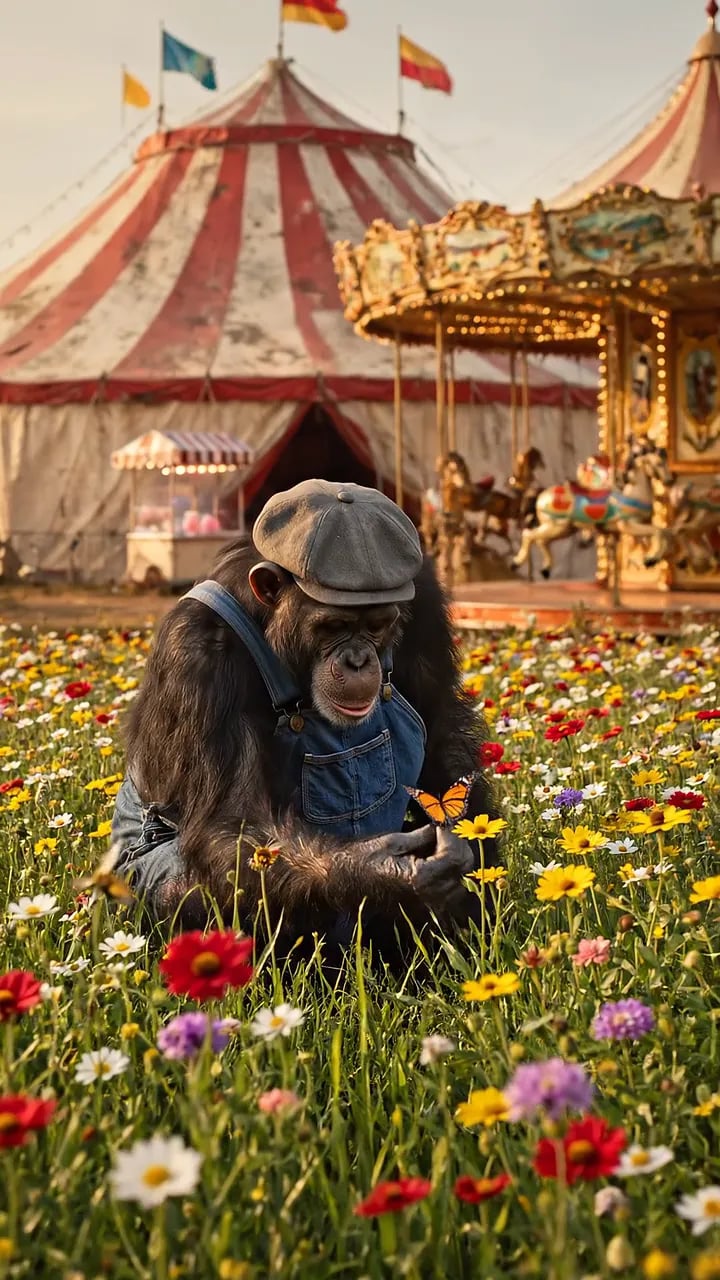 ハンチング帽にデニムのオーバーオール姿のチンパンジーが、サーカスのテントとメリーゴーラウンドを背に花畑に座っている。
