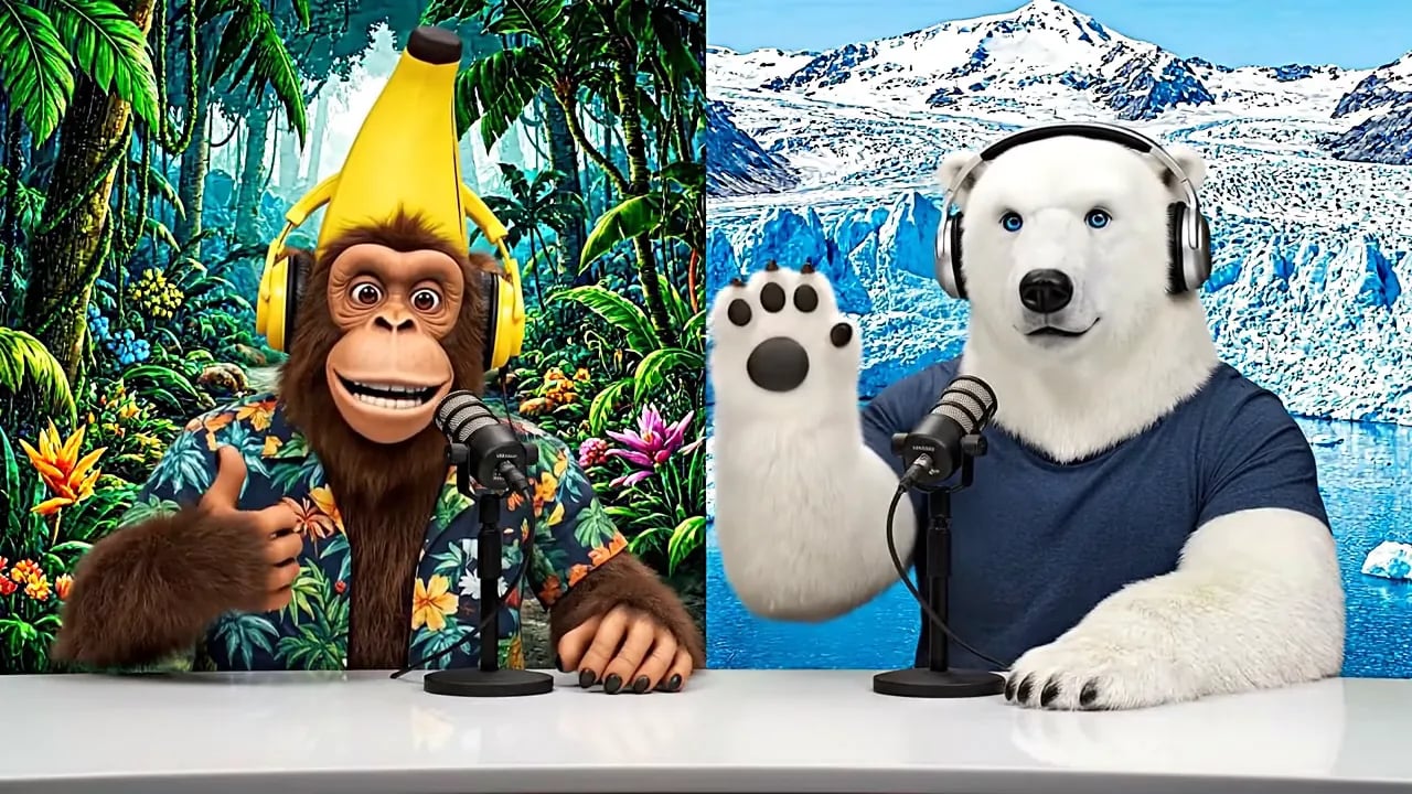 バナナの帽子をかぶったチンパンジーとヘッドホンを付けたシロクマが、ジャングルと氷河を背景にポッドキャストを進行する。
