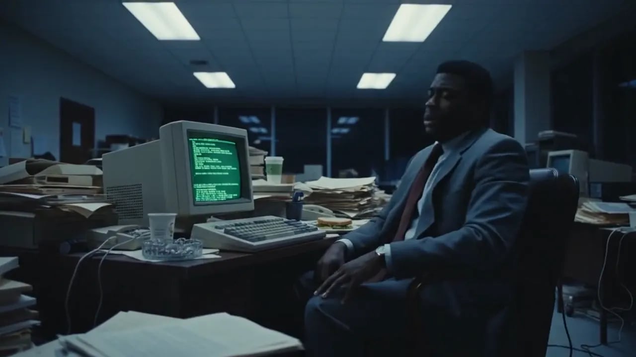 薄暗い 1980 年代のオフィスで、スーツ姿の疲れた会社員が緑の単色画面を持つベージュの大型コンピューターの横に座っている。