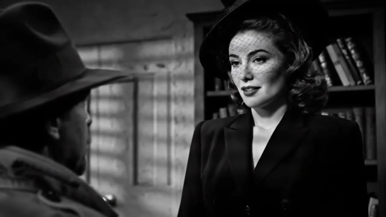 白黒のオフィスで、ベール付きの帽子にダークスーツの女性が、中折れ帽の男性に小さくほほえむ。