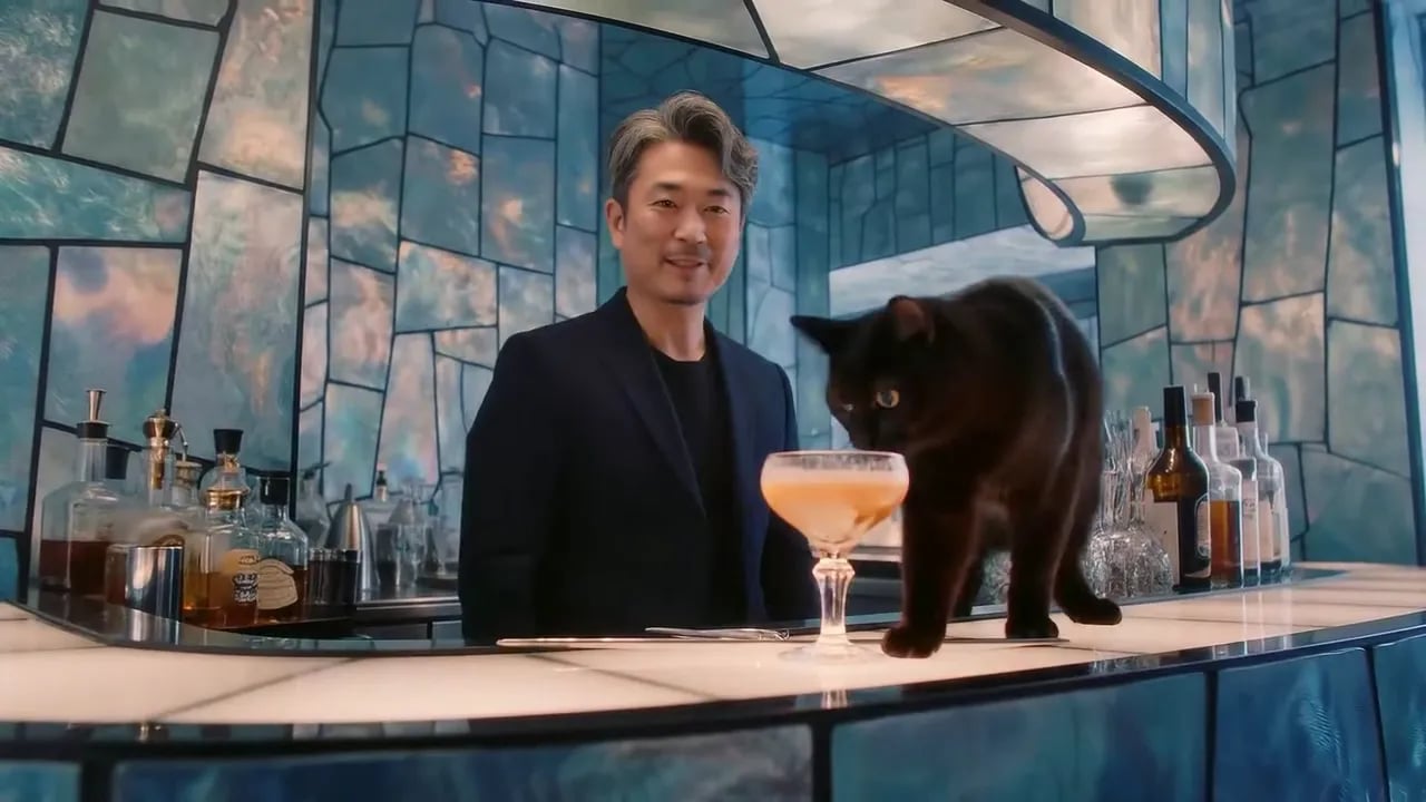 虹色に光るタイルのバーカウンターの奥でほほえむバーテンダーと、カクテルの横を歩く黒猫。