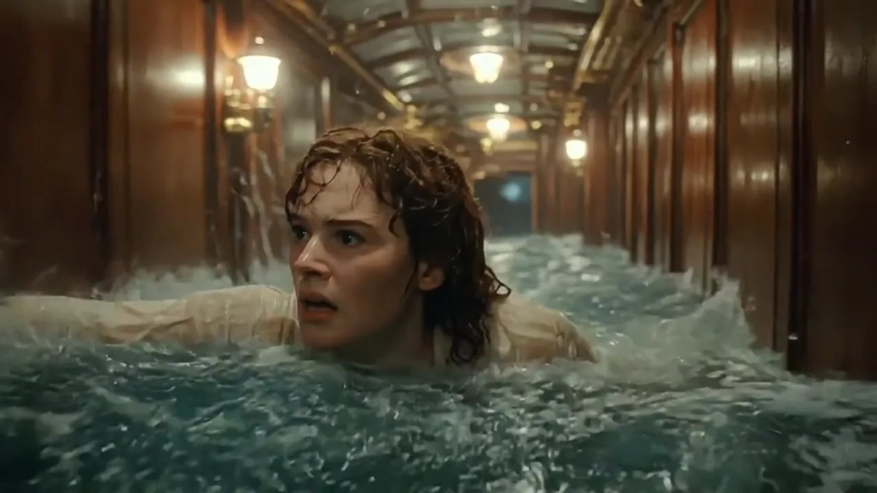 A soaked young woman pushes through seawater flooding a wood-paneled ship corridor.