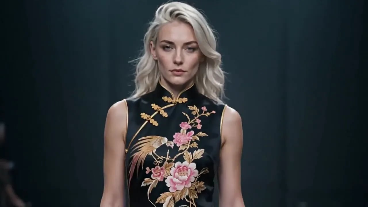 A model with platinum hair walks a dark runway in a black qipao embroidered with peonies.