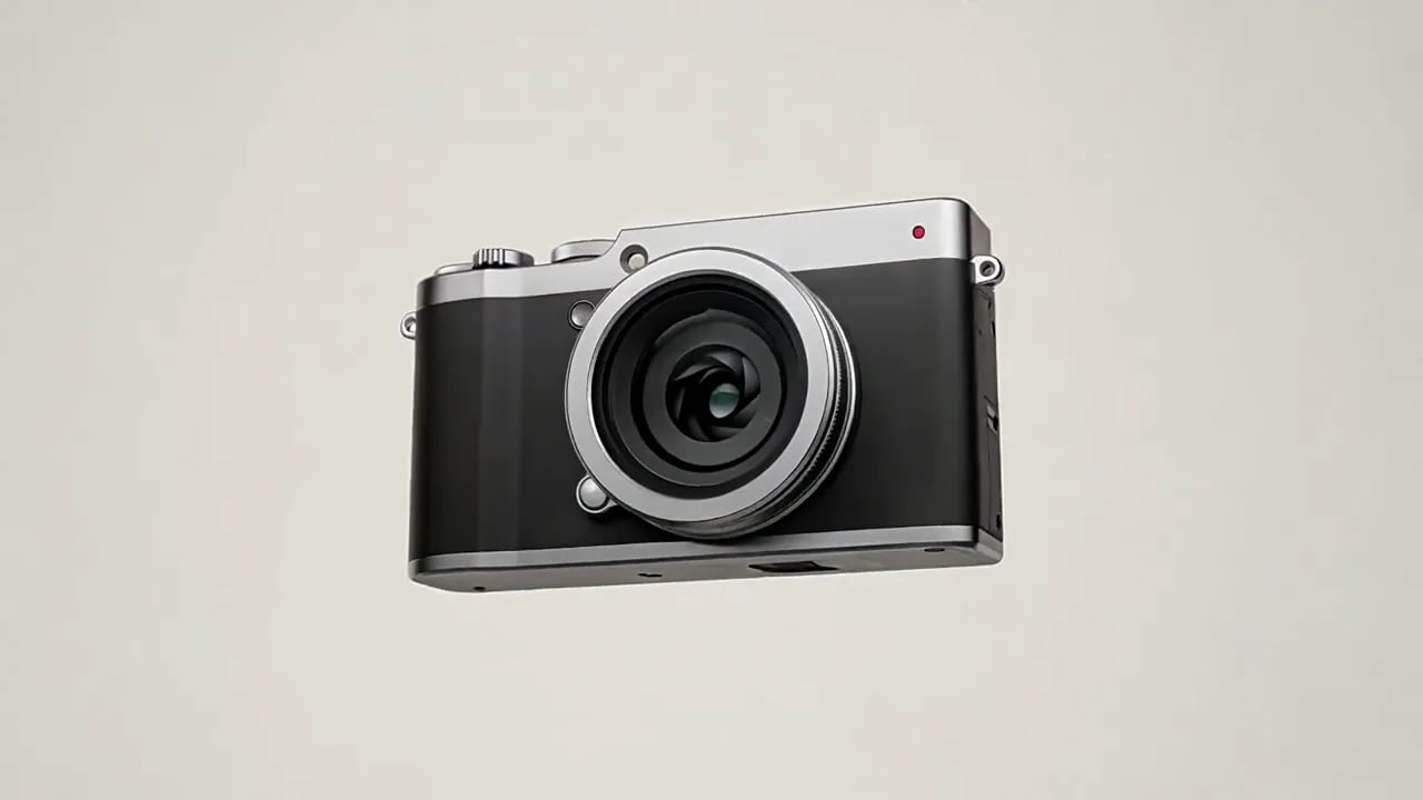 A silver and black compact camera floats against a pale backdrop.
