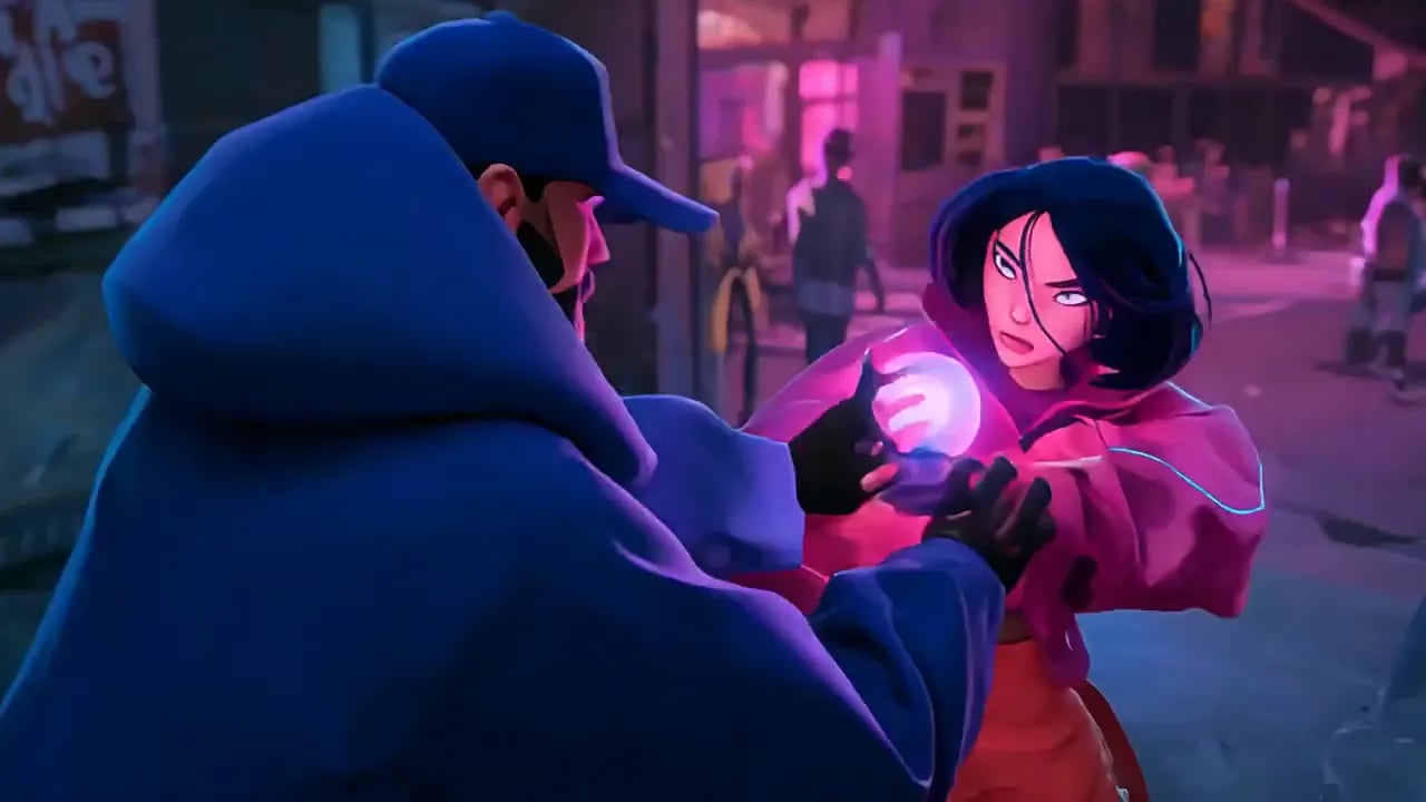 An animated woman in a pink jacket clutches a glowing orb as a man in a blue hoodie grabs for it on a neon city street.