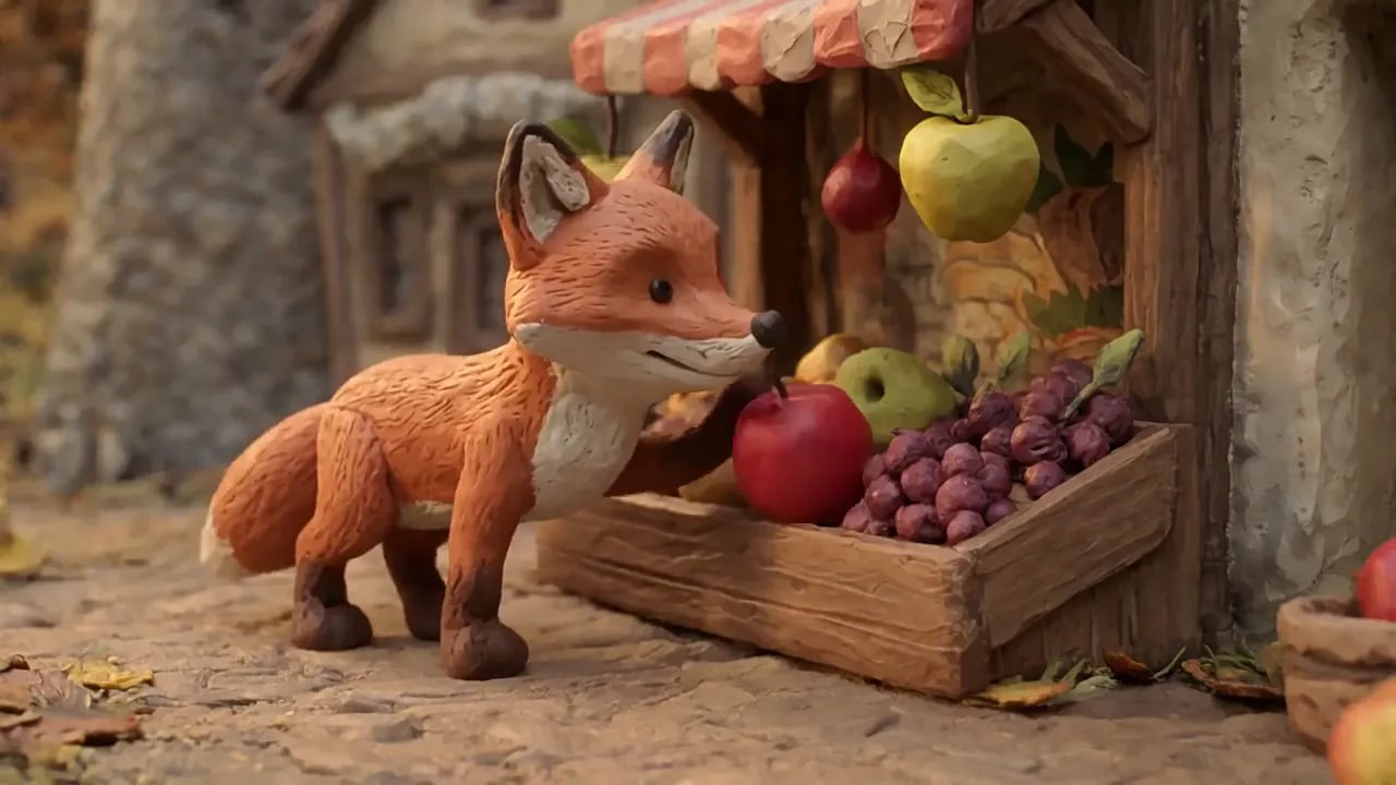 A clay fox noses a red apple at a miniature fruit stall.